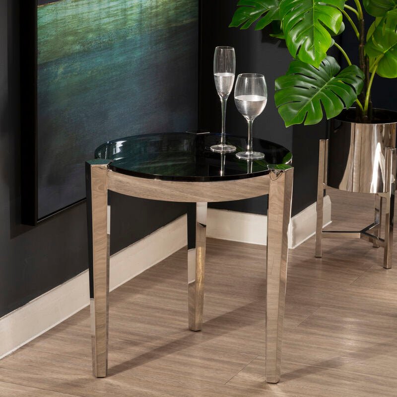Smoky Grey Glass Round Top End Table with Silver Stainless Steel Frame, Piermount