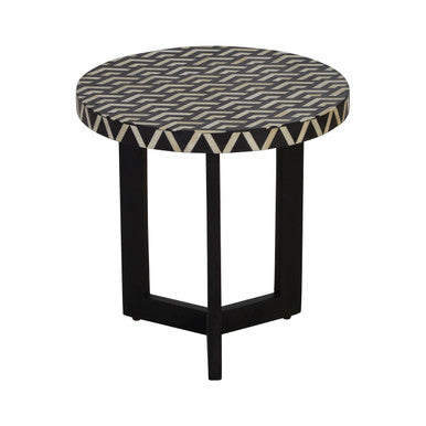 Black and White Top Bone Inlay Side Table with Black 3 Cross-Leg Base, Boho