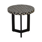 Black and White Top Bone Inlay Side Table with Black 3 Cross-Leg Base, Boho