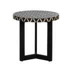 Black and White Top Bone Inlay Side Table with Black 3 Cross-Leg Base, Boho