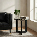 Black and White Top Bone Inlay Side Table with Black 3 Cross-Leg Base, Boho