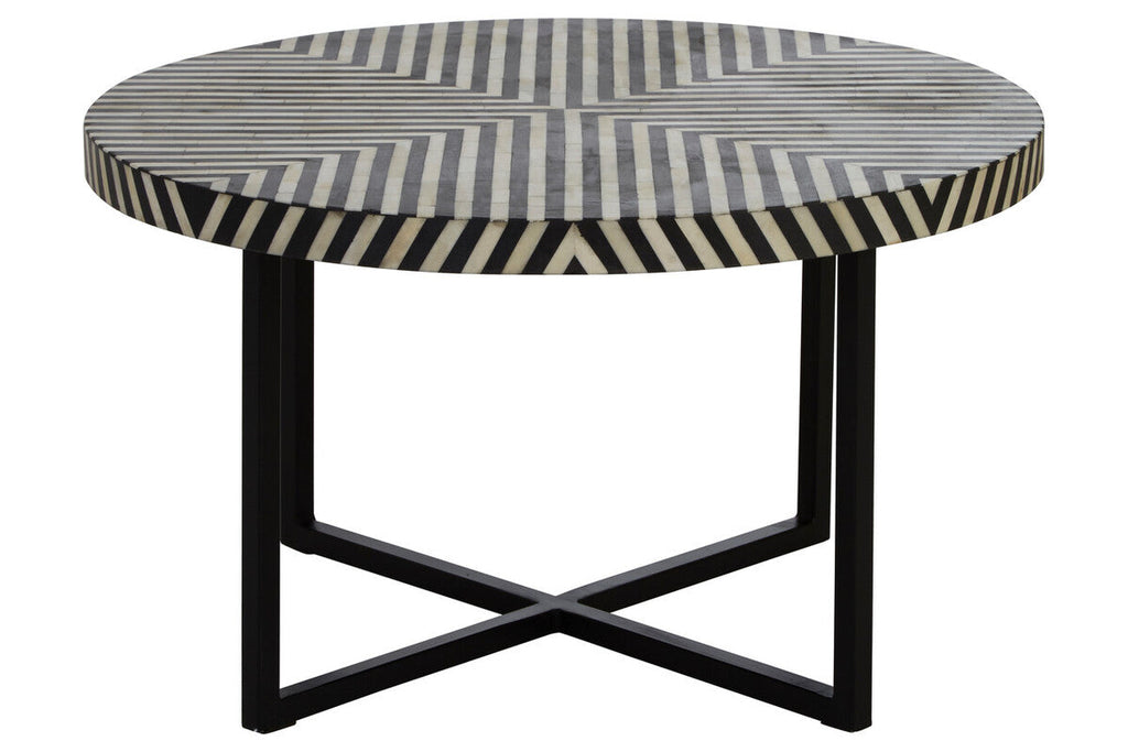 Black and White Top Bone Inlay Coffee Table with Black Metal Legs | Boho
