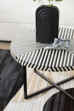 Black and White Top Bone Inlay Coffee Table with Black Metal Legs | Boho