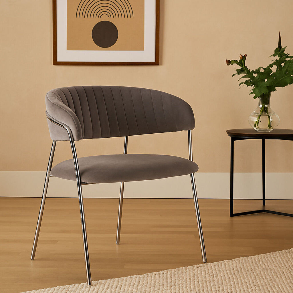 Mink Velvet Channel Tufted and Chrome Finish Dining Chair | Tamzin