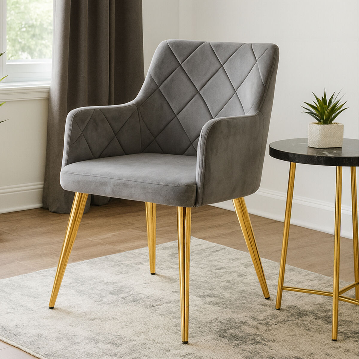 Mink Velvet Quilted Dining Chair with Gold Finish Legs | Tamzin