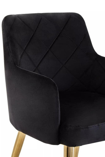 Black Velvet Quilted Dining Chair with Gold Finish Legs | Tamzin