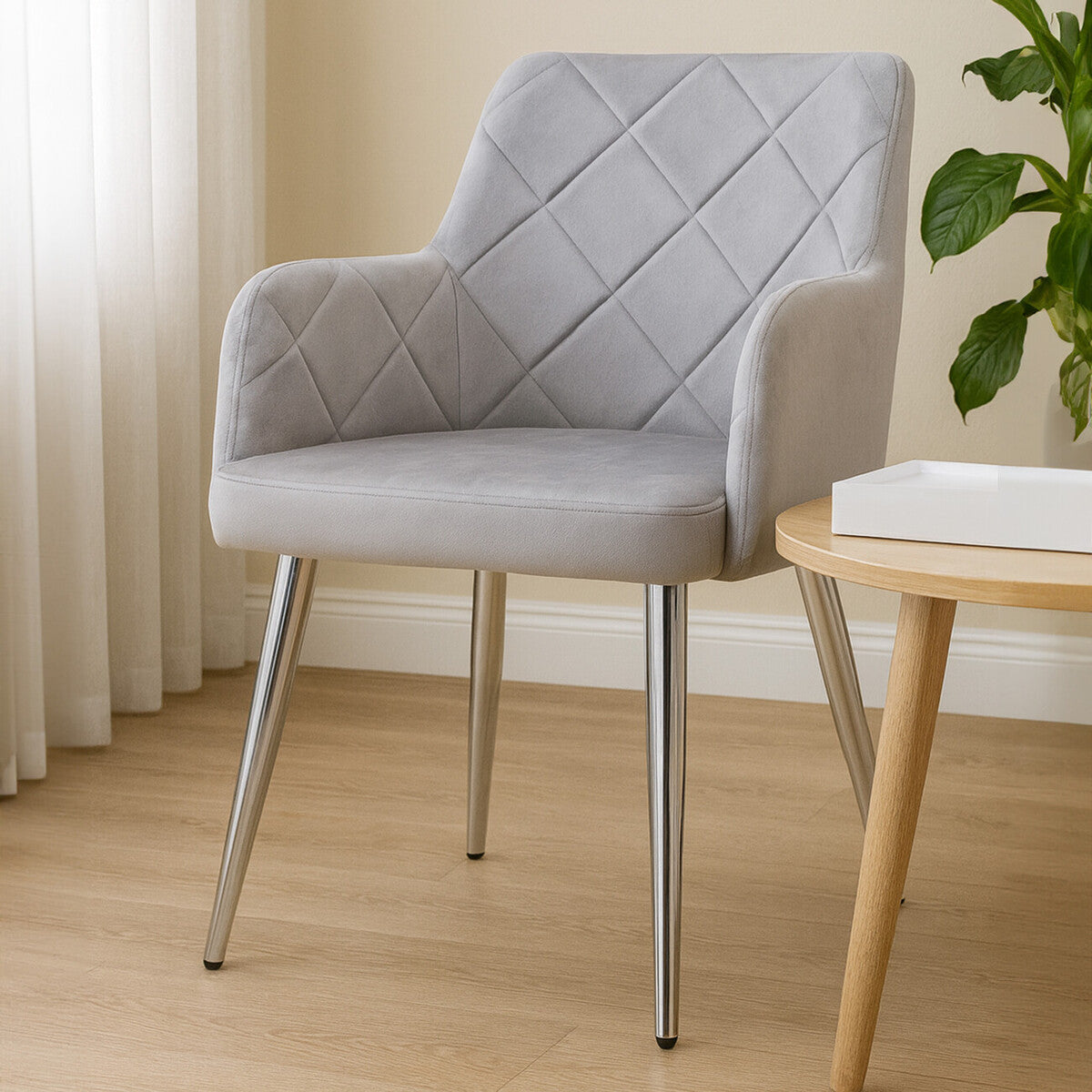 Mink Velvet Quilted Dining Chair with Chrome Finish Legs | Tamzin