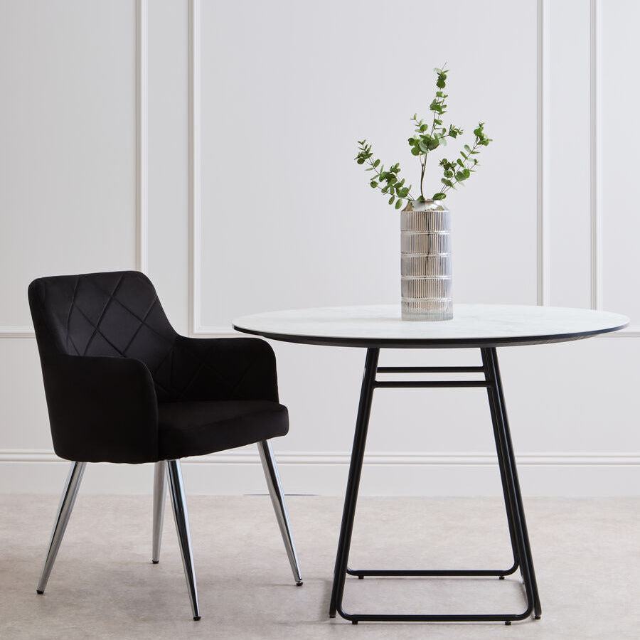 Black Velvet Quilted Dining Chair with Chrome Finish Legs | Tamzin