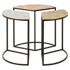 Set of 3 Assorted Etched Geometric Details Round Top Side Tables with Black Metallic Base | Mirano