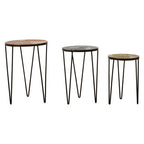 Set of 3 Assorted Textured Round Top Side Tables with Black Metallic Hairpin Legs | Mirano