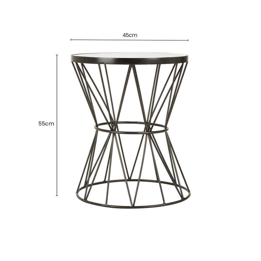 White Marble Top Side Table with Powder-Coated Black Iron Corset Base, Rabia