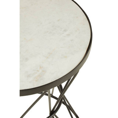 White Marble Top Side Table with Powder-Coated Black Iron Corset Base, Rabia