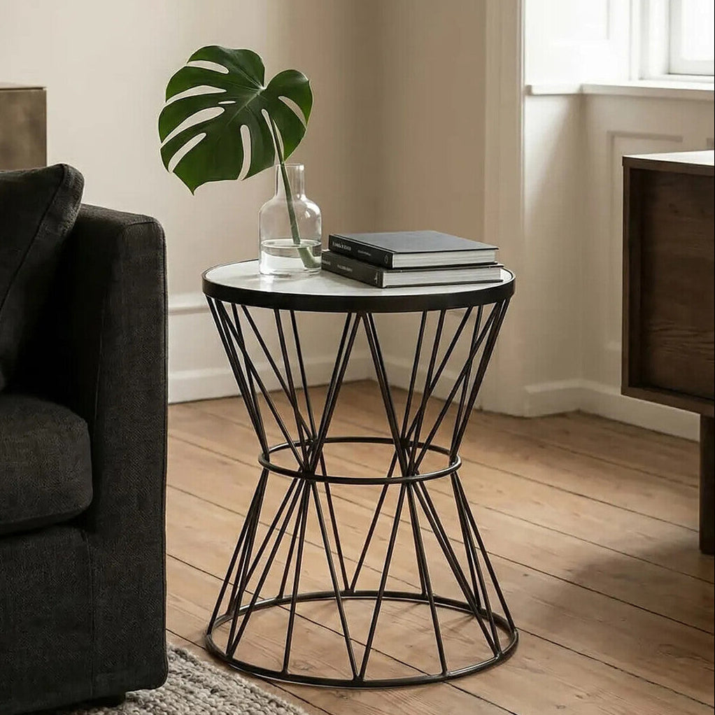 White Marble Top Side Table with Powder-Coated Black Iron Corset Base, Rabia