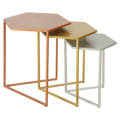Nest of 3 Assorted Hexagonal Nesting Table with Metallic Tops | Rabia