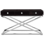 Black Hair-On-Leather Wood Top and Silver-Finished Frame Console Table with 3 Drawers, Kensington Townhouse
