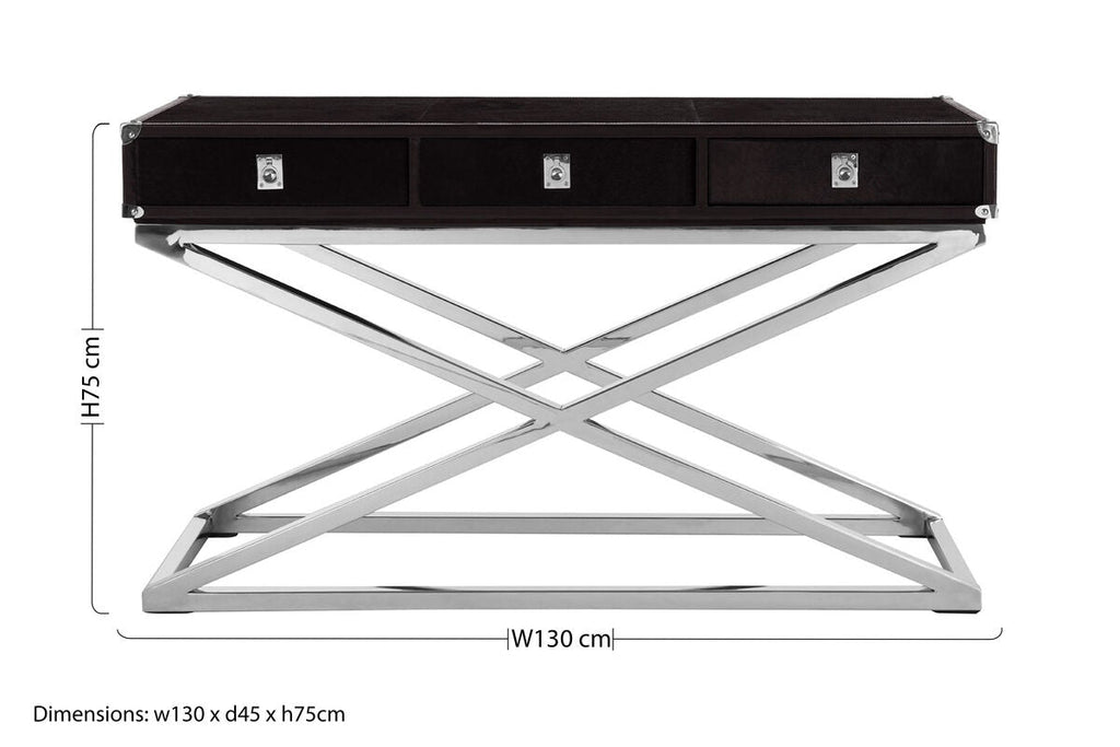Black Hair-On-Leather Wood Top and Silver-Finished Frame Console Table with 3 Drawers, Kensington Townhouse