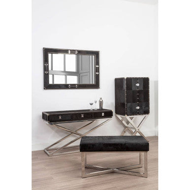 Black Hair-On-Leather Wood Top and Silver-Finished Frame Console Table with 3 Drawers, Kensington Townhouse