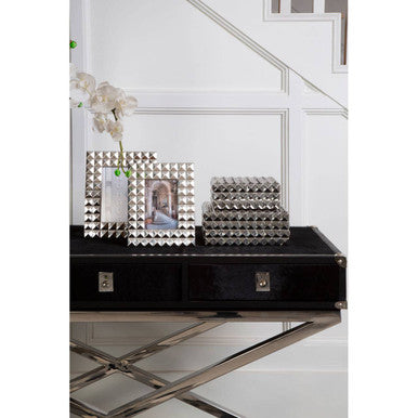 Black Hair-On-Leather Wood Top and Silver-Finished Frame Console Table with 3 Drawers, Kensington Townhouse