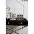 Black Hair-On-Leather Wood Top and Silver-Finished Frame Console Table with 3 Drawers, Kensington Townhouse