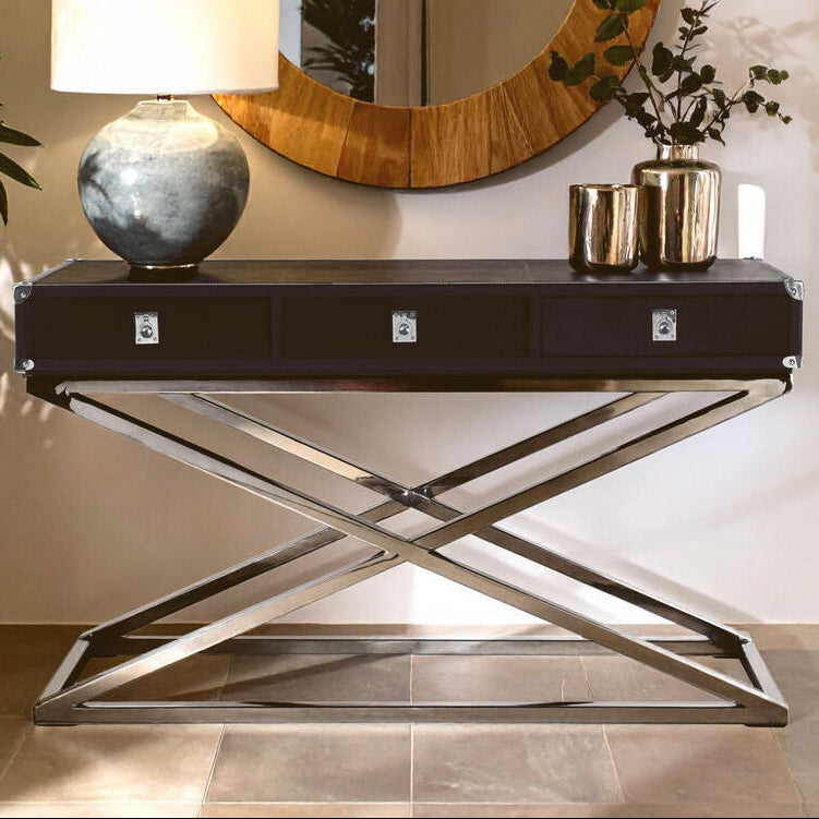 Black Hair-On-Leather Wood Top and Silver-Finished Frame Console Table with 3 Drawers, Kensington Townhouse