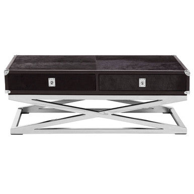 Black Hair-On-Hide Wood Top and Silver-Finished Frame Console Table with 2 Drawers, Kensington Townhouse