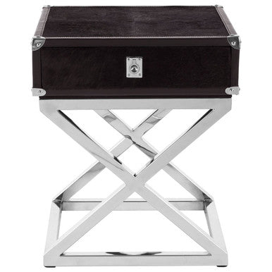 Black and Silver Hair-On-Leather Top 1-Drawer Side Table with Stainless Steel Legs, Kensington Townhouse