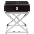 Black and Silver Hair-On-Leather Top 1-Drawer Side Table with Stainless Steel Legs, Kensington Townhouse