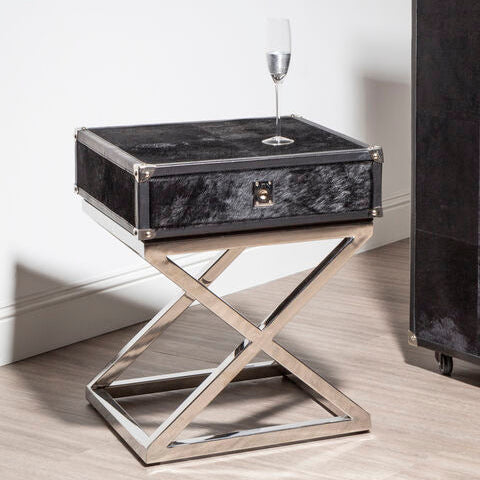 Black and Silver Hair-On-Leather Top 1-Drawer Side Table with Stainless Steel Legs, Kensington Townhouse