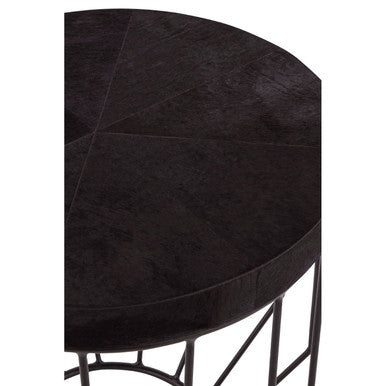 Black and Silver Hair-On-Hide Top Round Side Table with Silver Frame, Kensington Townhouse