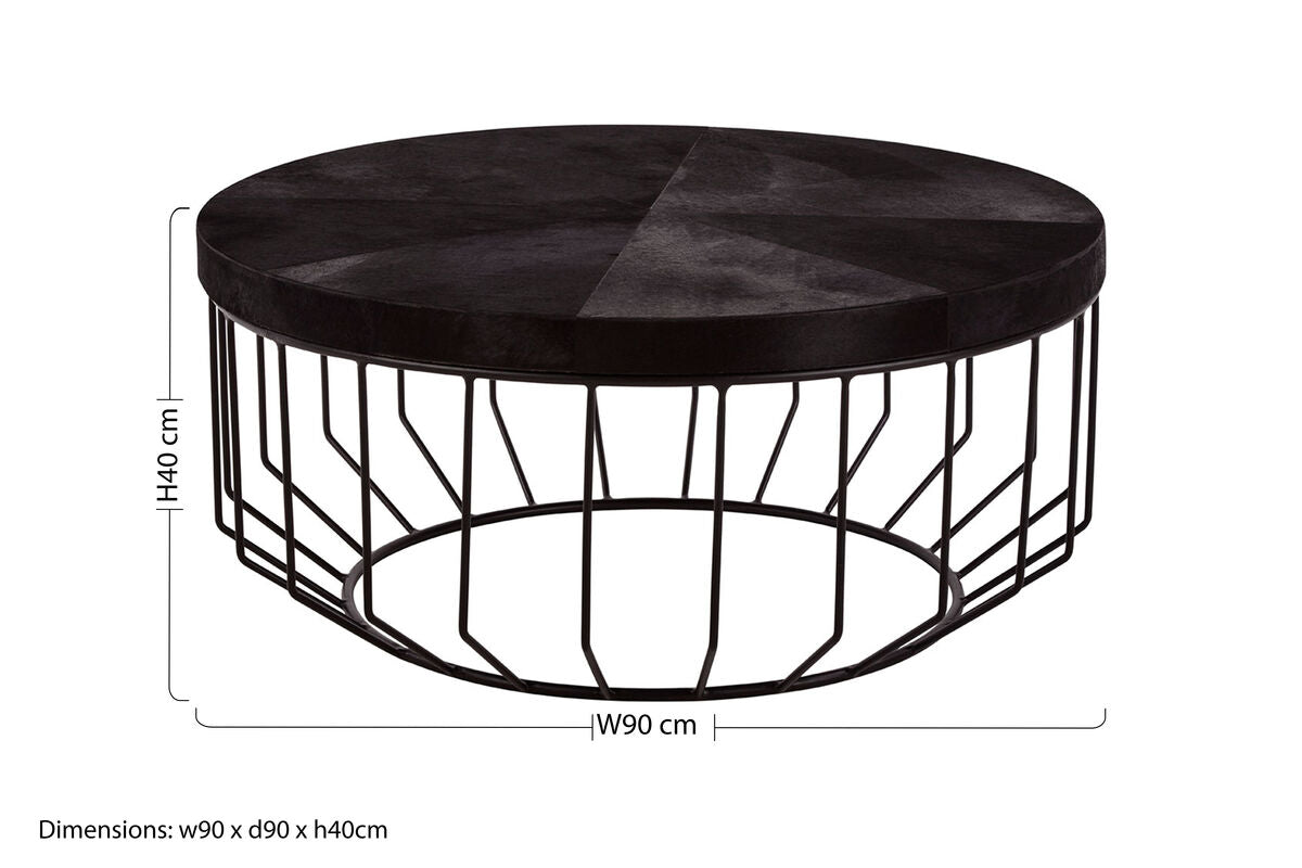 Black and Silver Hair-On-Hide Top Round Coffee Table with Black Frame, Kensington Townhouse