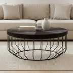 Black and Silver Hair-On-Hide Top Round Coffee Table with Black Frame, Kensington Townhouse