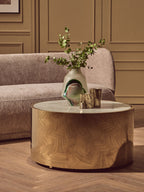 White Marble Effect Top Round Coffee Table with Gold Steel Frame | Carlox