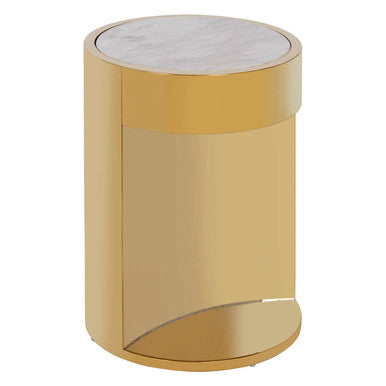 White Marble Effect Round Side Table with Gold Finish Metallic Base | Carlox