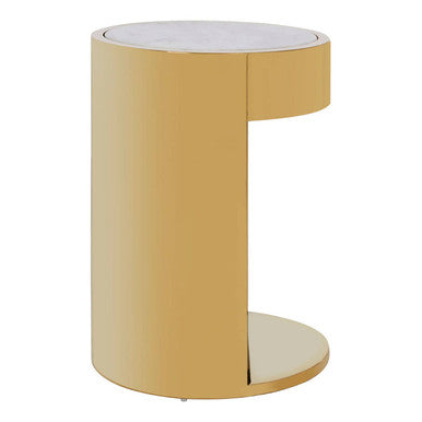 White Marble Effect Round Side Table with Gold Finish Metallic Base | Carlox