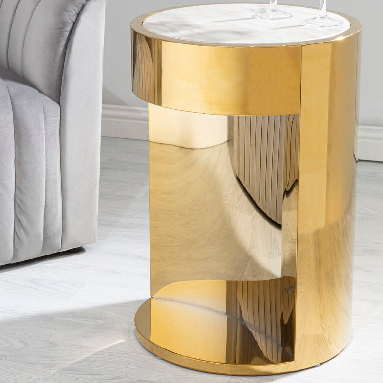 White Marble Effect Round Side Table with Gold Finish Metallic Base | Carlox