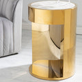 White Marble Effect Round Side Table with Gold Finish Metallic Base | Carlox