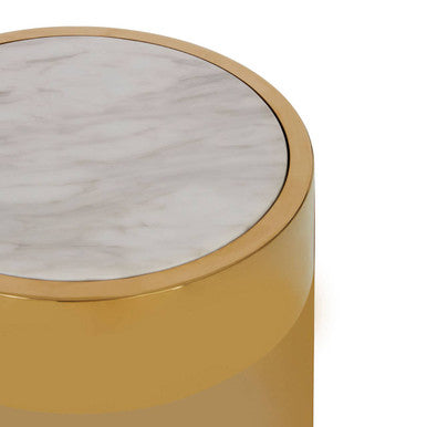 White Marble Effect Round Side Table with Gold Finish Metallic Base | Carlox