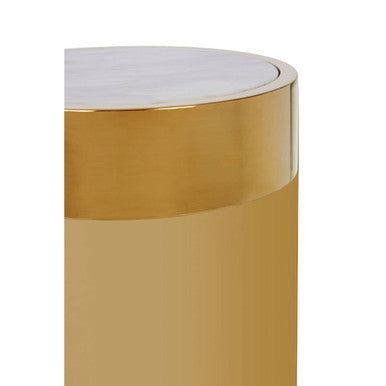 White Marble Effect Round Side Table with Gold Finish Metallic Base | Carlox