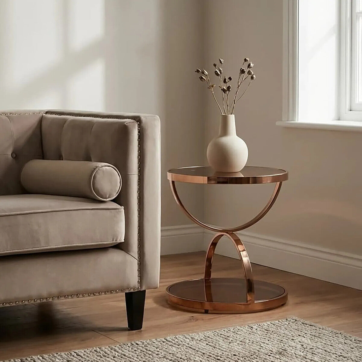 Glass Round Side Table with Gold Rose Finish | Tula