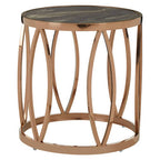 Gold Marble Top Round Side Table with Rose Gold Finish Leaf Base | Tula