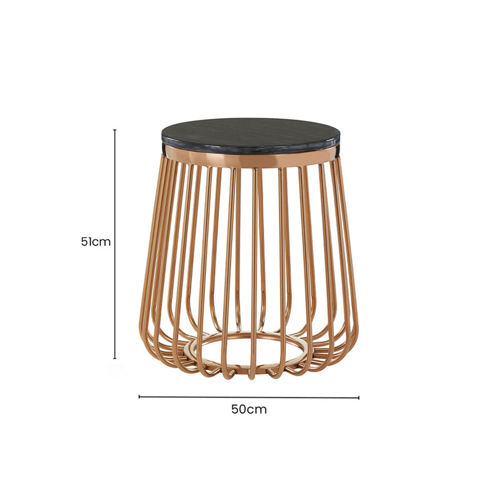 Black Marble Top Round Side Table with Gold Cage Design Metal Base | Tula