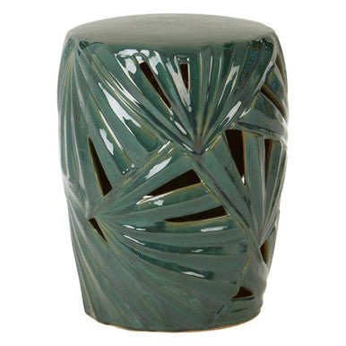 Green Glazed Ceramic Table Stool with Botanical Palm Leaf Design, Sorrell