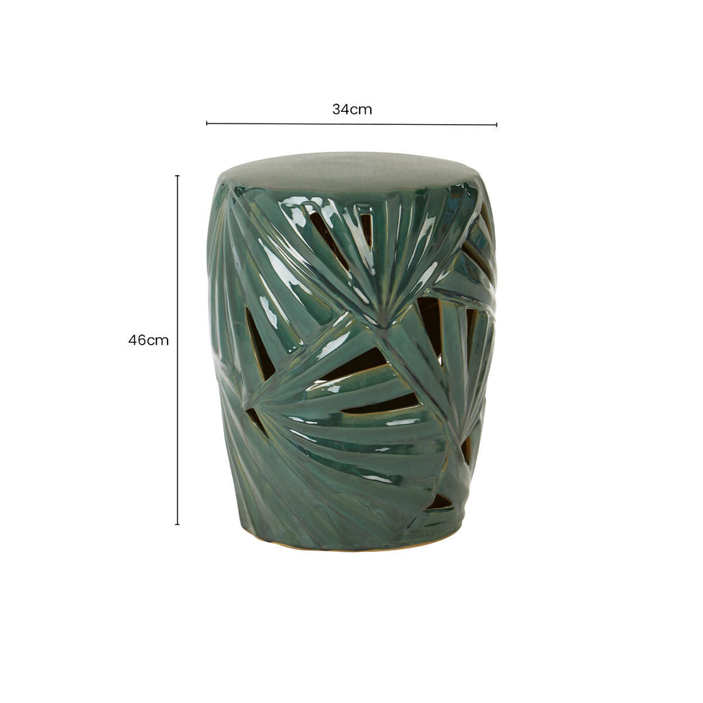 Green Glazed Ceramic Table Stool with Botanical Palm Leaf Design, Sorrell