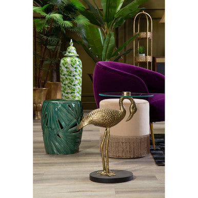 Green Glazed Ceramic Table Stool with Botanical Palm Leaf Design, Sorrell