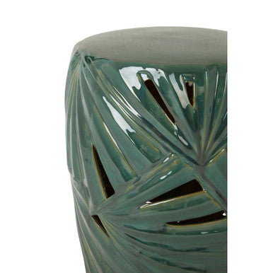 Green Glazed Ceramic Table Stool with Botanical Palm Leaf Design, Sorrell