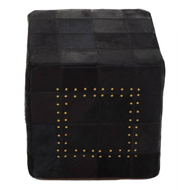 Bosie Black Patchwork Leather Pouffe with Gold Studs | Safira