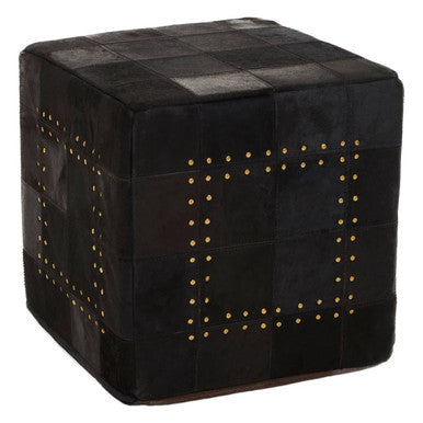 Bosie Black Patchwork Leather Pouffe with Gold Studs | Safira