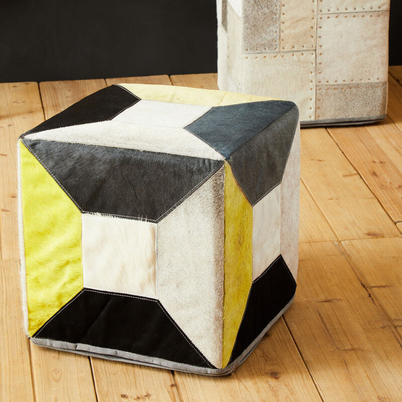 Geometric Design Hair on Leather Pouffe | Safira
