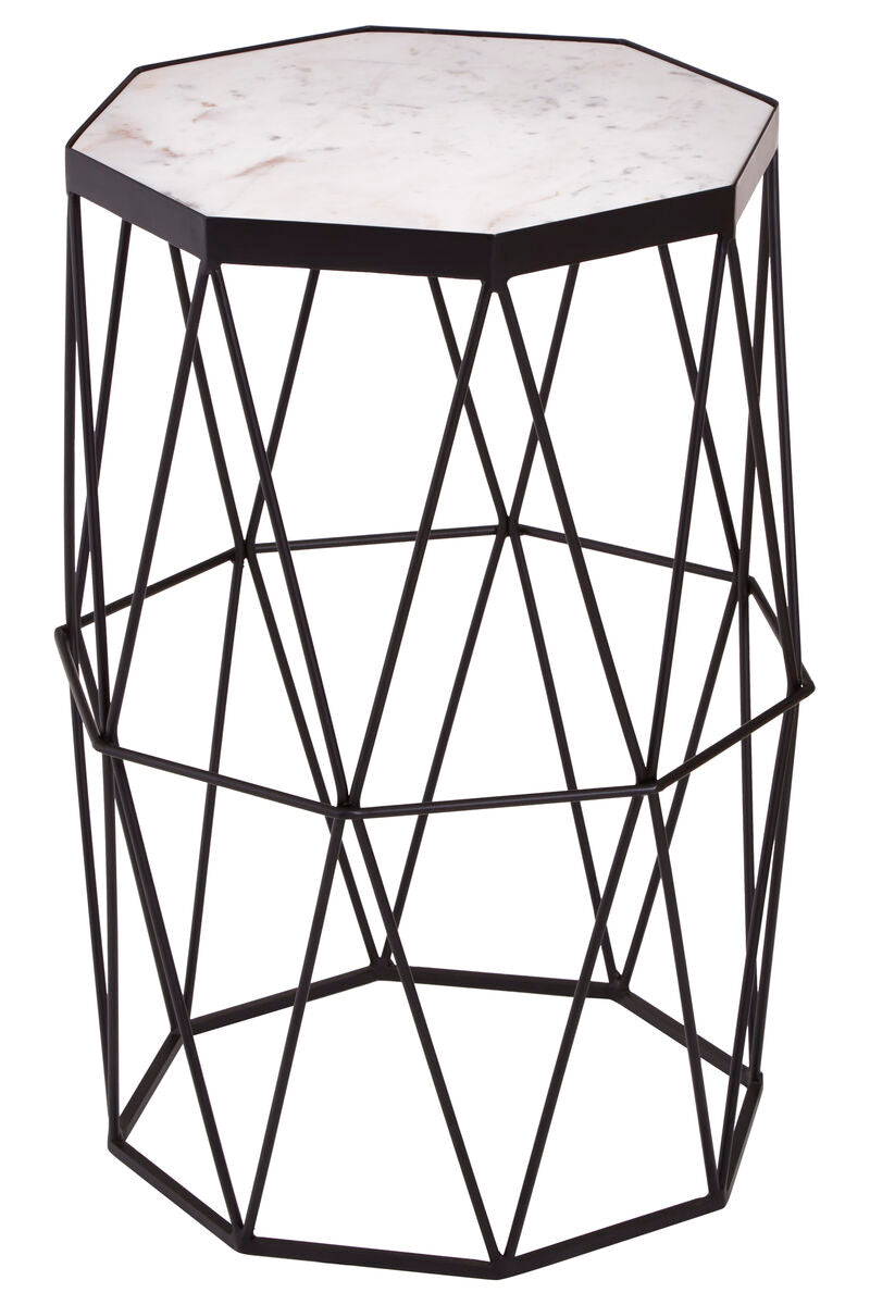 White Marble Top Octagonal Side Table with Black Finish Metal Base | Shalimar