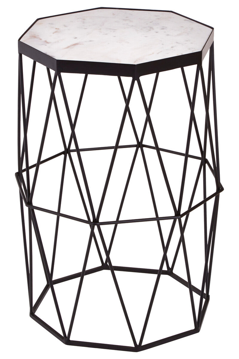 White Marble Top Octagonal Side Table with Black Finish Metal Base | Shalimar